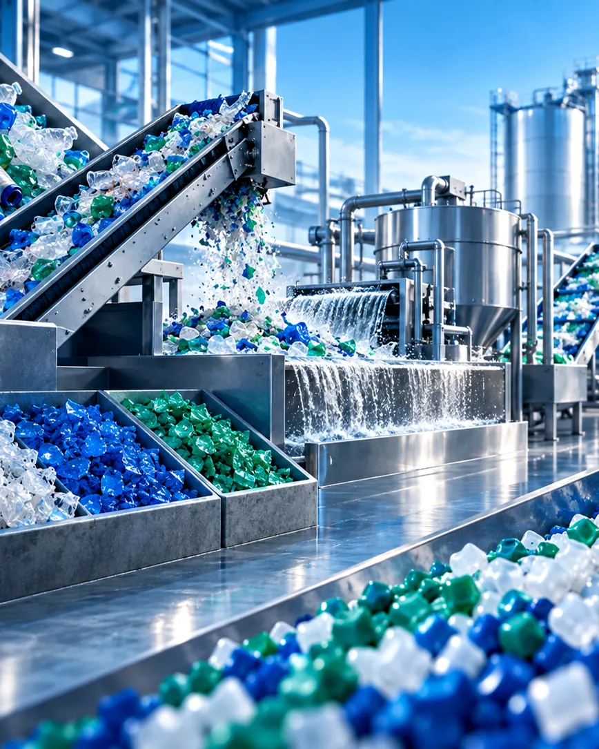 Linia recyklingu: przenośnik z przemiałem tworzyw, separator i silosy